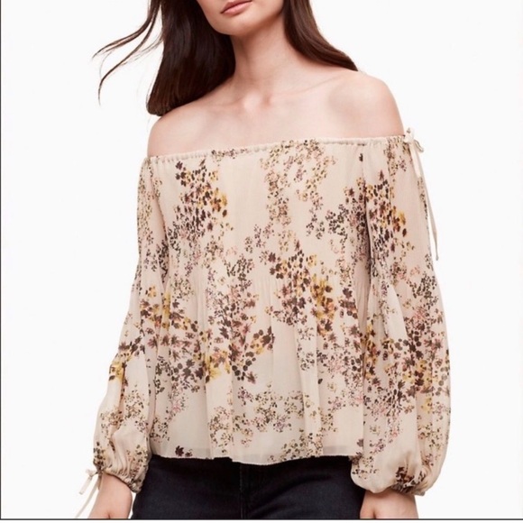 Aritzia Wilfred Talence pleated off shoulder blouse floral flower print cream XS - Picture 3 of 12